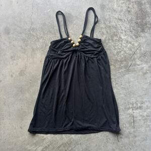 Pop Star Cami Top Women's Small Black Beaded Ruched Tank Top Blouse Y2K Chic